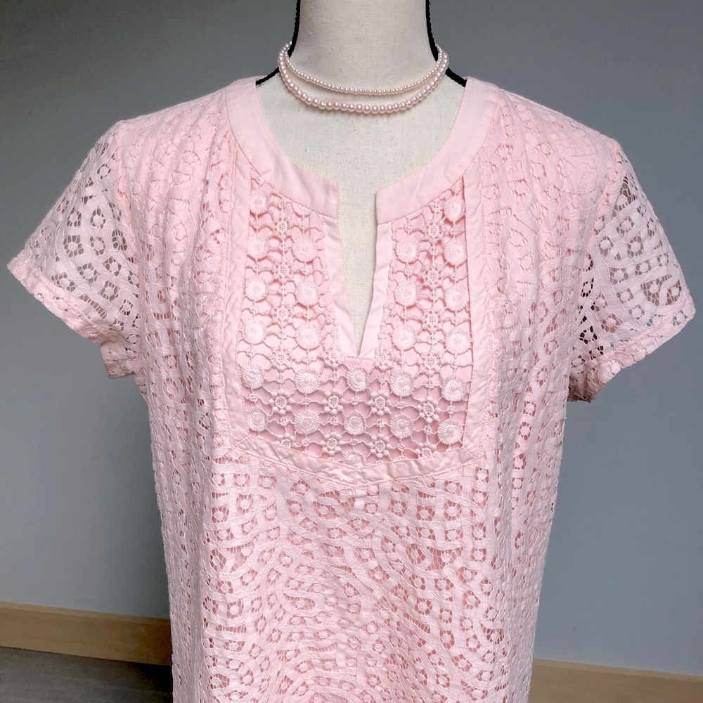 🌸💕Isaac Mizrahi Pink Cotton Crochet Lace Top Size Large